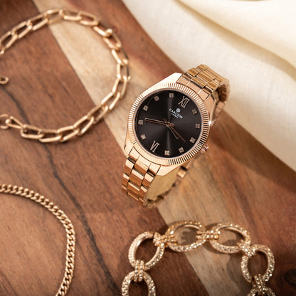 Women Gift Set Of 3 Black Dial Watch + 3  Bracelets CLPLG075