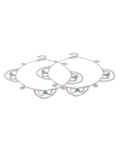 Carlton London Rhodium-Plated Silver Toned Set Of 2 Blue Beaded Layered Anklets For Women