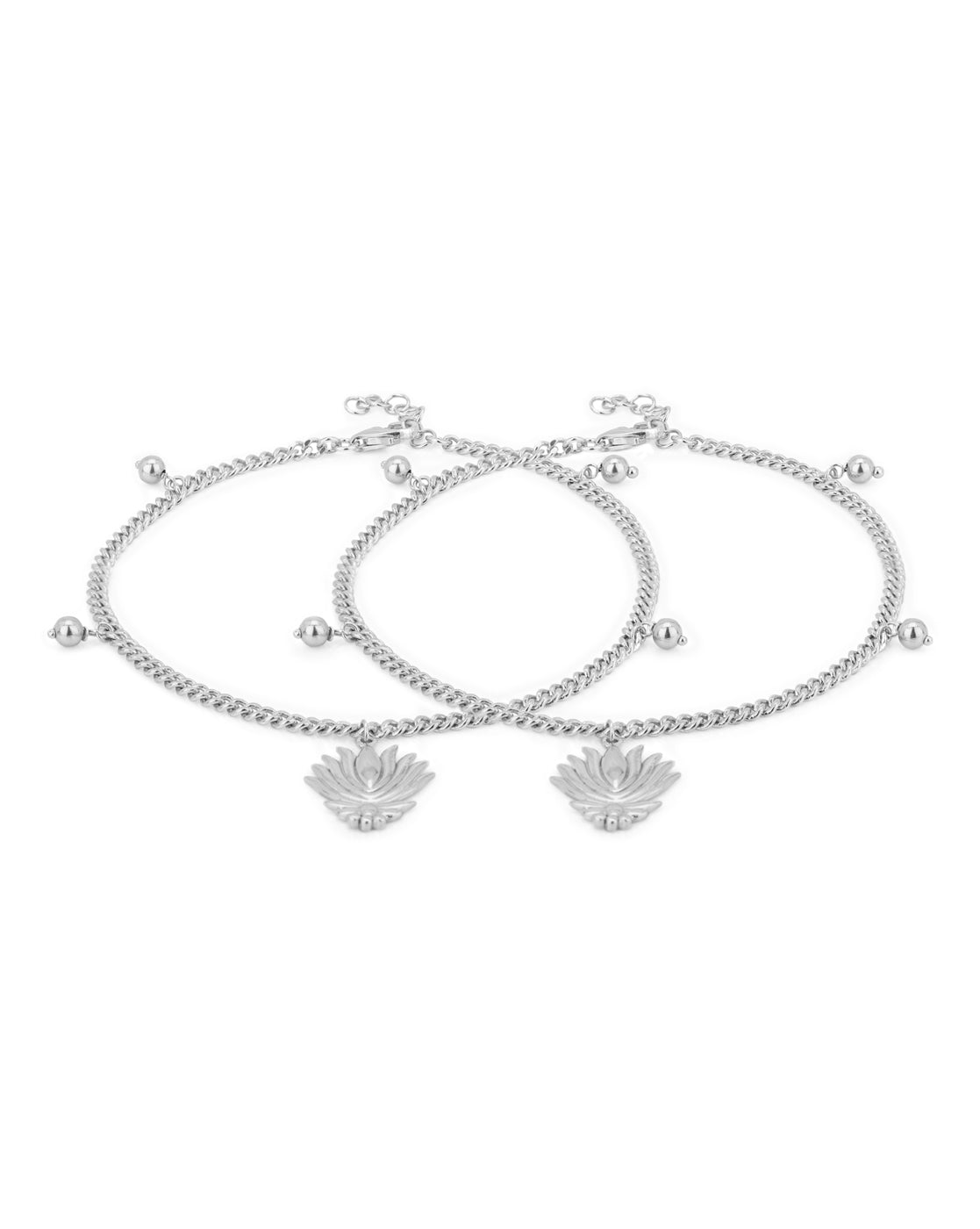 Carlton London -Set Of 2 Rhodium-Plated Silver Toned Lotus Shape Silver Beaded Anklets For Women