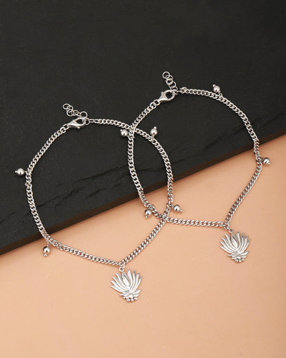 Carlton London -Set Of 2 Rhodium-Plated Silver Toned Lotus Shape Silver Beaded Anklets For Women