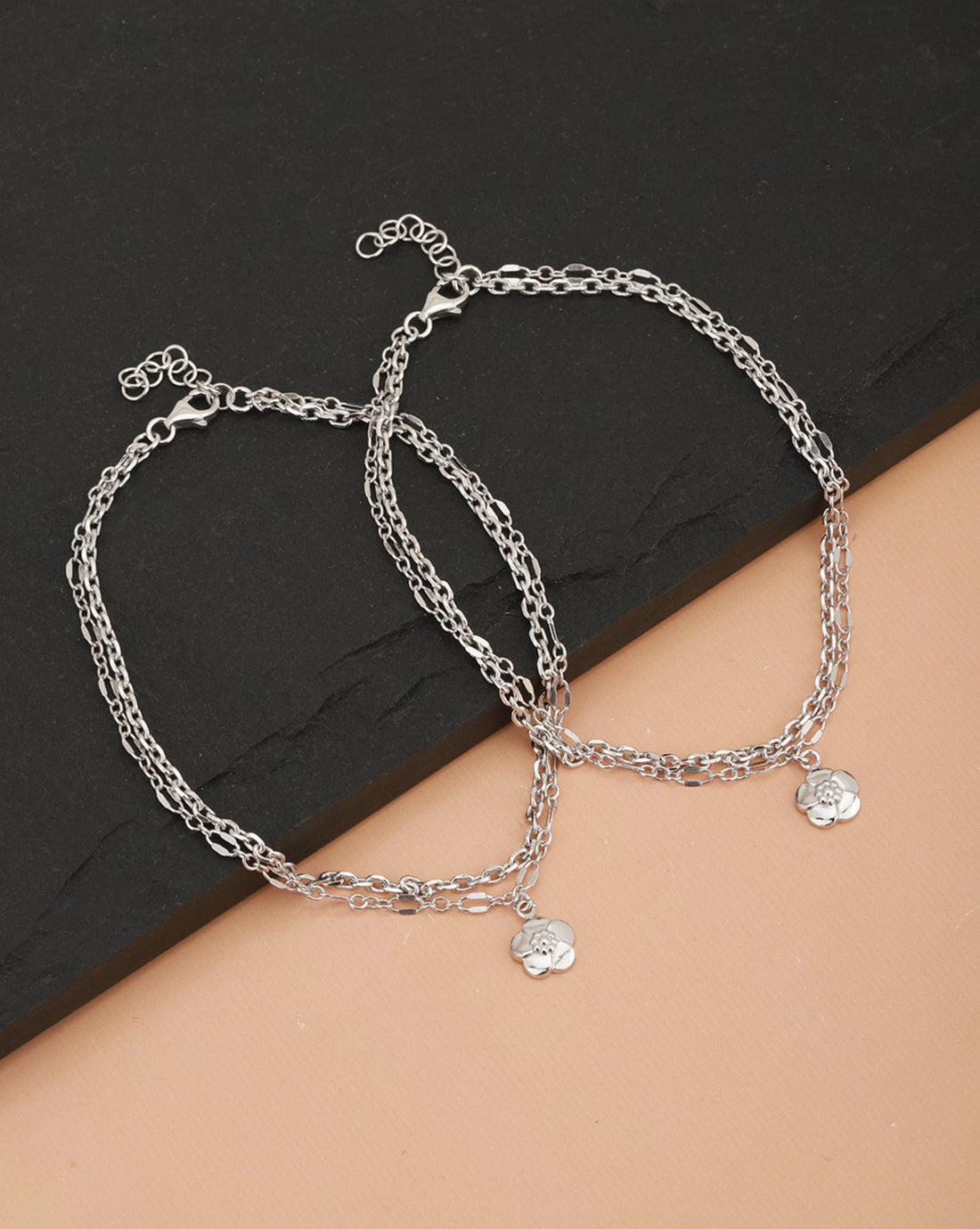 Carlton London -Set Of 2 Rhodium-Plated Silver Toned Layered Floral Link Anklets For Women