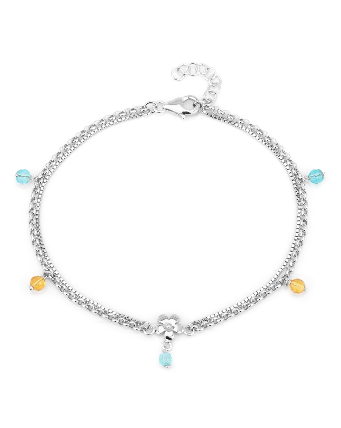 Carlton London -Set Of 2 Rhodium-Plated Silver Toned Yellow &amp; Blue Beaded Layered Anklets For Women