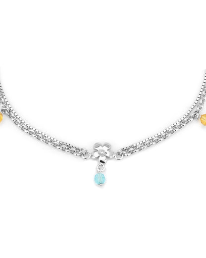 Carlton London -Set Of 2 Rhodium-Plated Silver Toned Yellow &amp; Blue Beaded Layered Anklets For Women