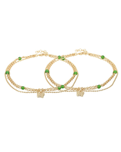 Carlton London -Set Of 2 Gold-Plated Green Beaded Butterfly Shape Layered Anklets For Women