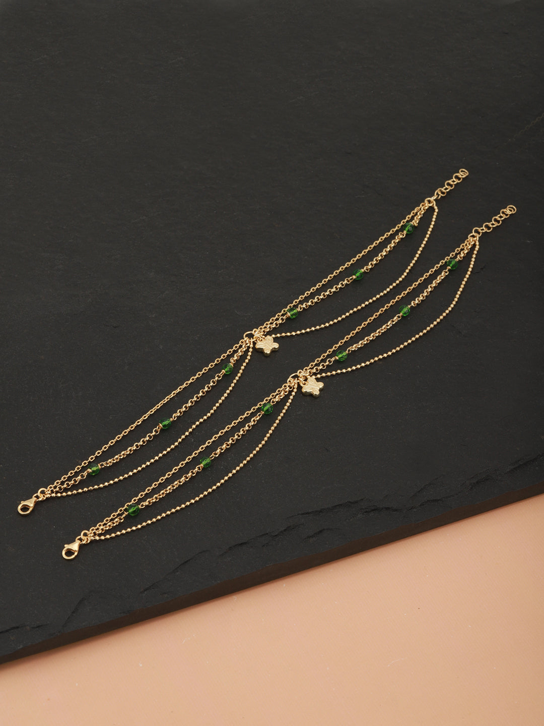 Carlton London -Set Of 2 Gold-Plated Green Beaded Butterfly Shape Layered Anklets For Women