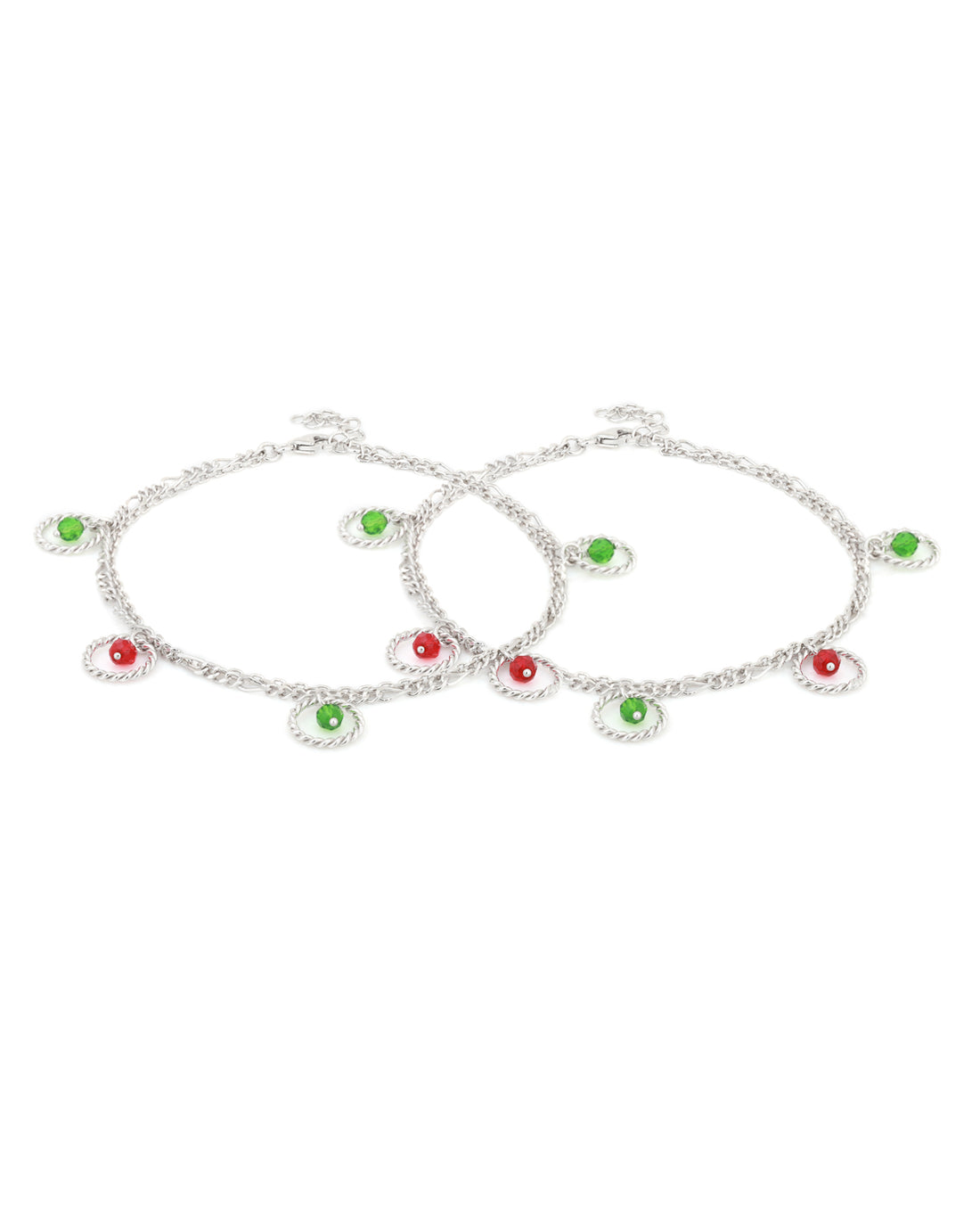 Carlton London -Set Of 2 Rhodium-Plated Silver Toned Green &amp; Red Beaded Layered Anklets For Women