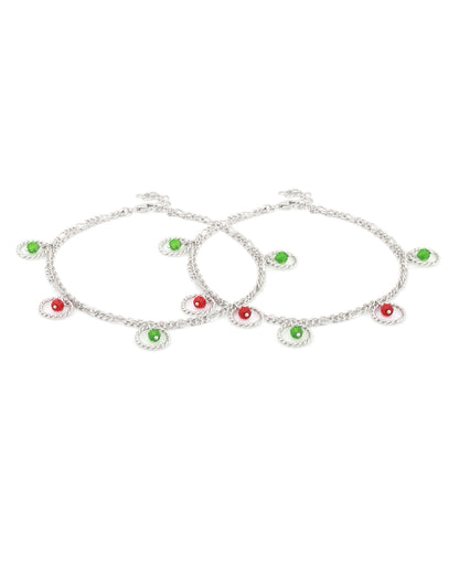 Carlton London -Set Of 2 Rhodium-Plated Silver Toned Green &amp; Red Beaded Layered Anklets For Women