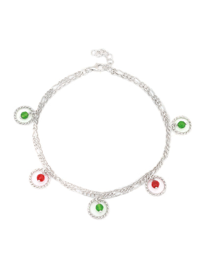 Carlton London -Set Of 2 Rhodium-Plated Silver Toned Green &amp; Red Beaded Layered Anklets For Women