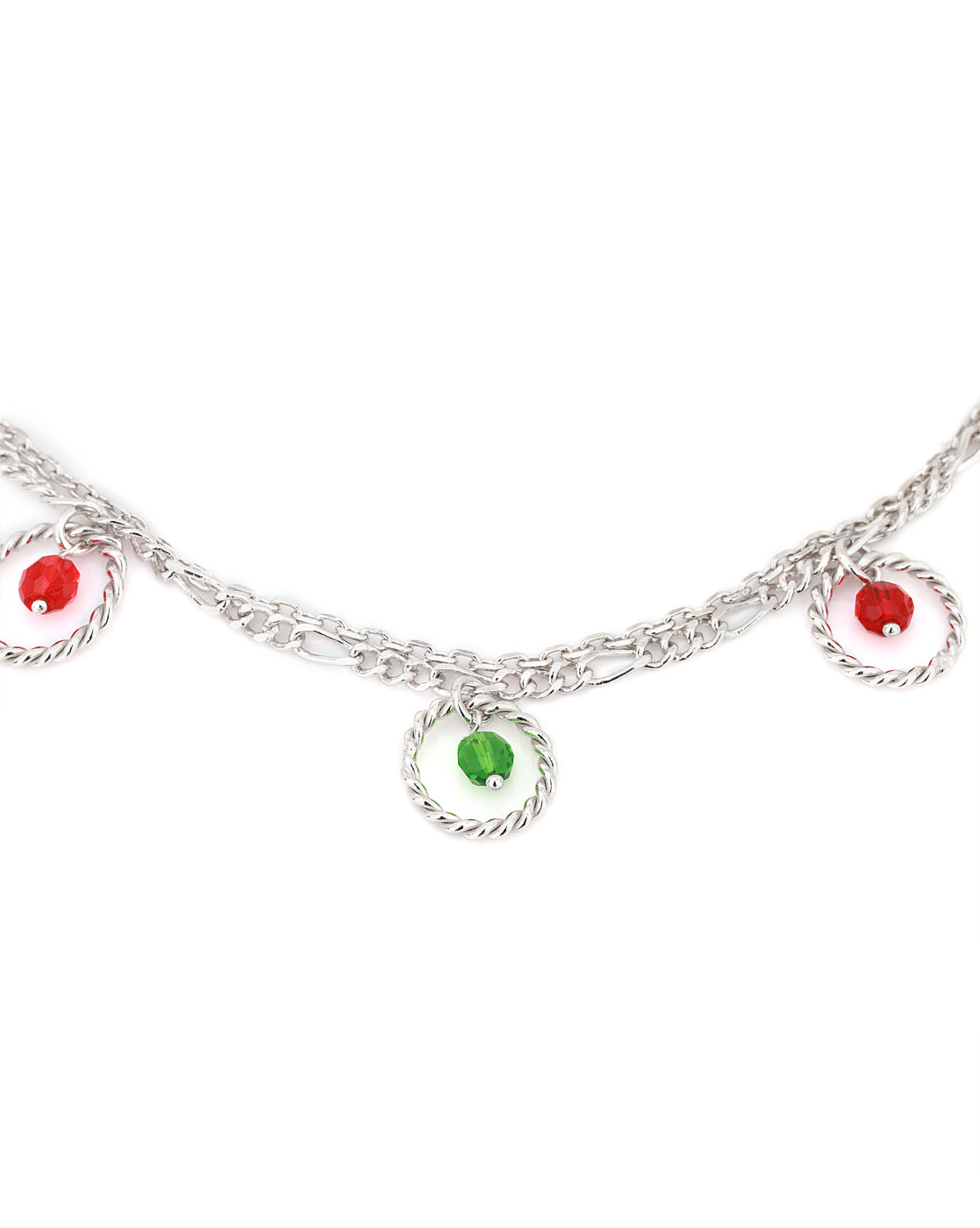 Carlton London -Set Of 2 Rhodium-Plated Silver Toned Green &amp; Red Beaded Layered Anklets For Women