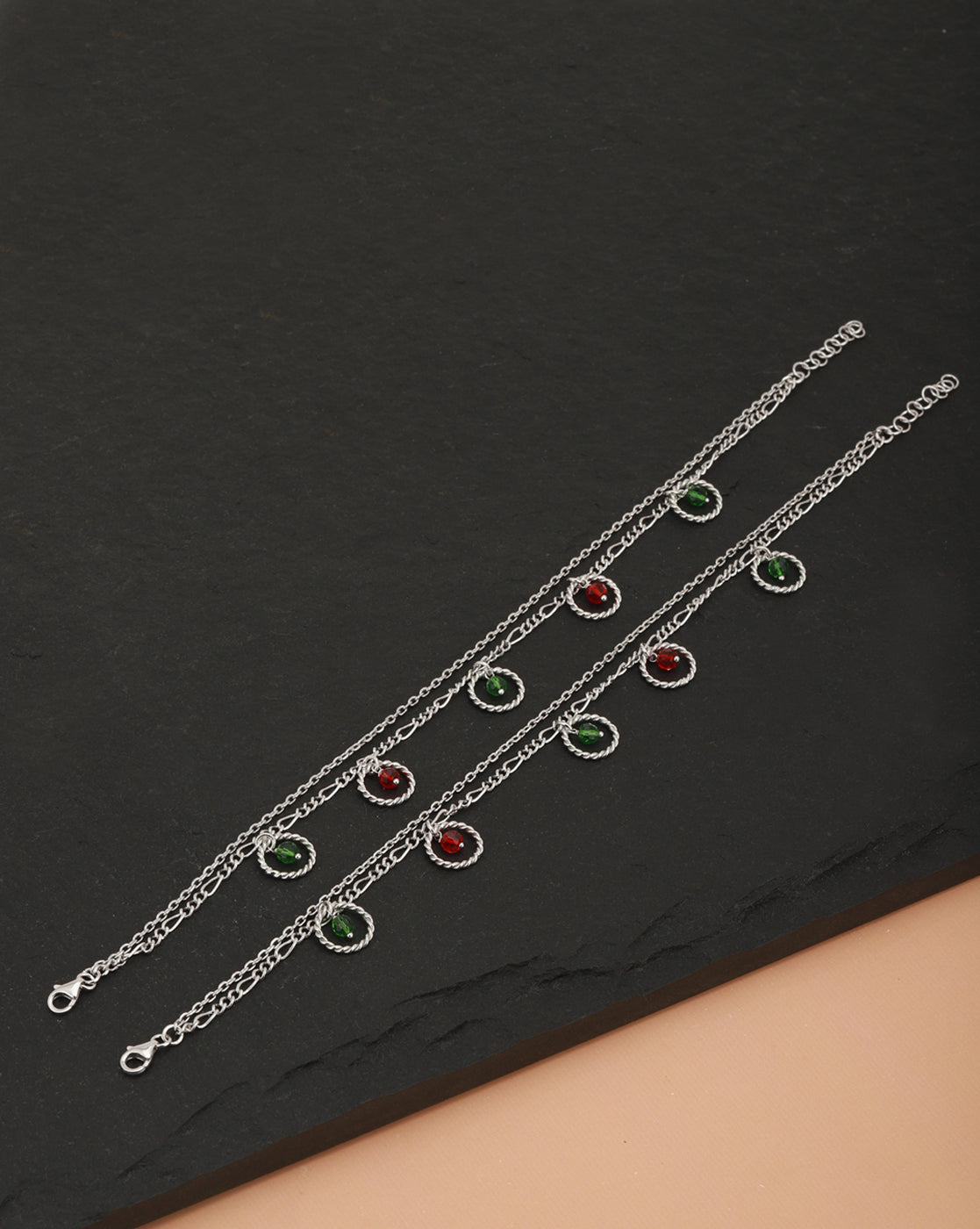 Carlton London -Set Of 2 Rhodium-Plated Silver Toned Green &amp; Red Beaded Layered Anklets For Women