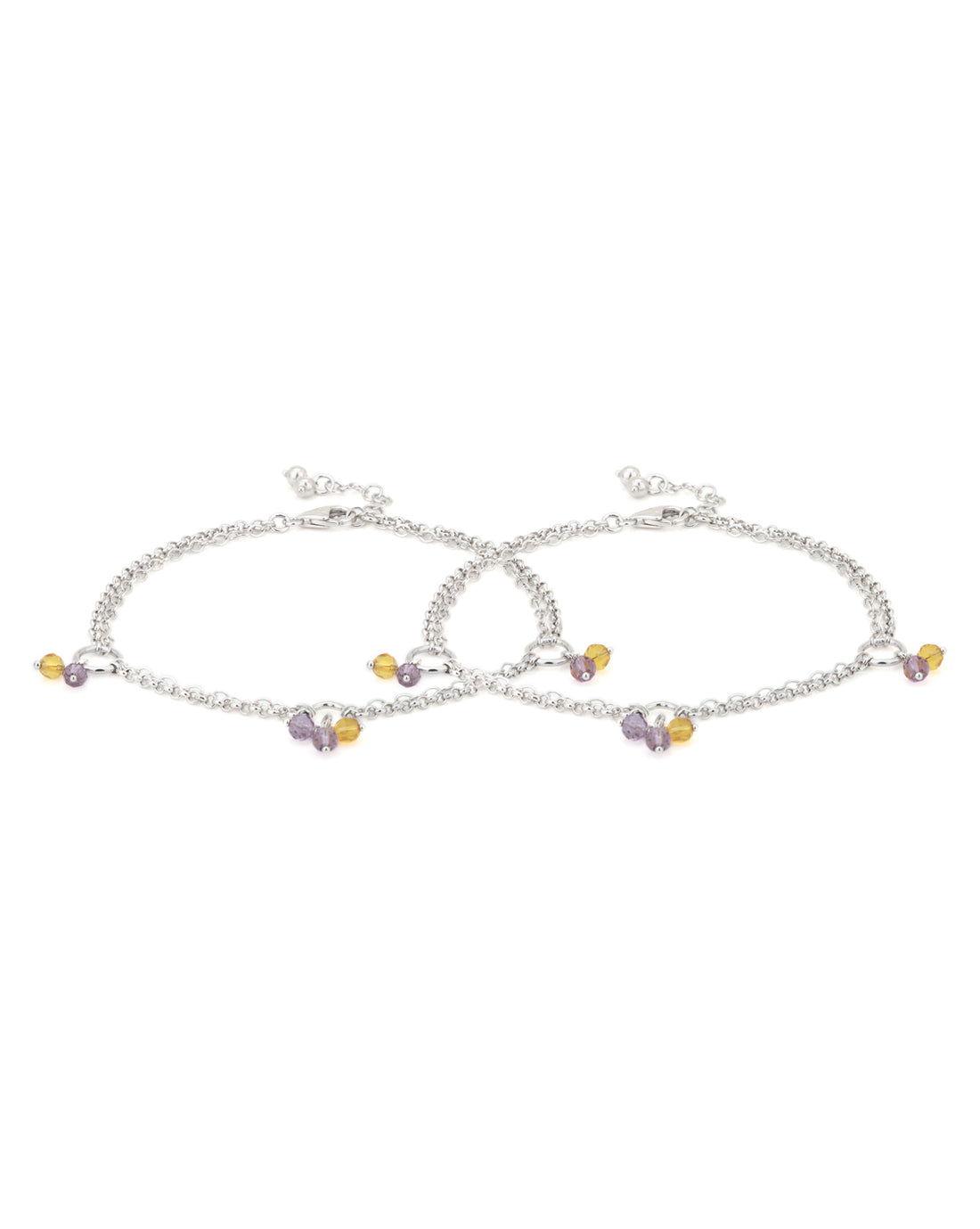 Carlton London -Set Of 2 Rhodium-Plated Silver Toned Purple &amp; Yellow Link Beaded Anklets For Women