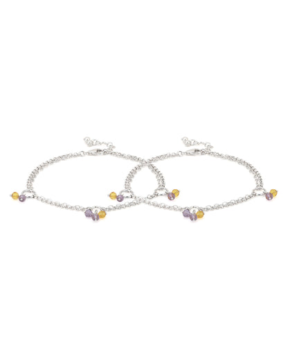 Carlton London -Set Of 2 Rhodium-Plated Silver Toned Purple &amp; Yellow Link Beaded Anklets For Women
