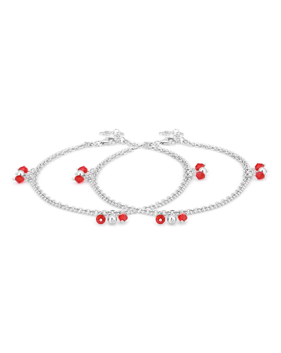 Carlton London -Set Of 2 Rhodium-Plated Silver Toned Red &amp; Silver Link Beaded Layered Anklets For Women