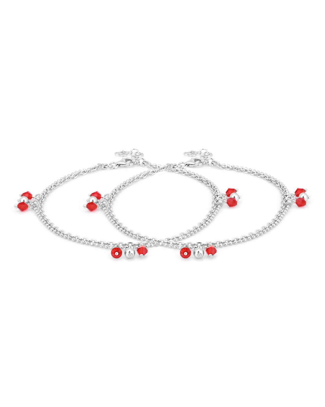 Carlton London -Set Of 2 Rhodium-Plated Silver Toned Red & Silver Link Beaded Layered Anklets For Women