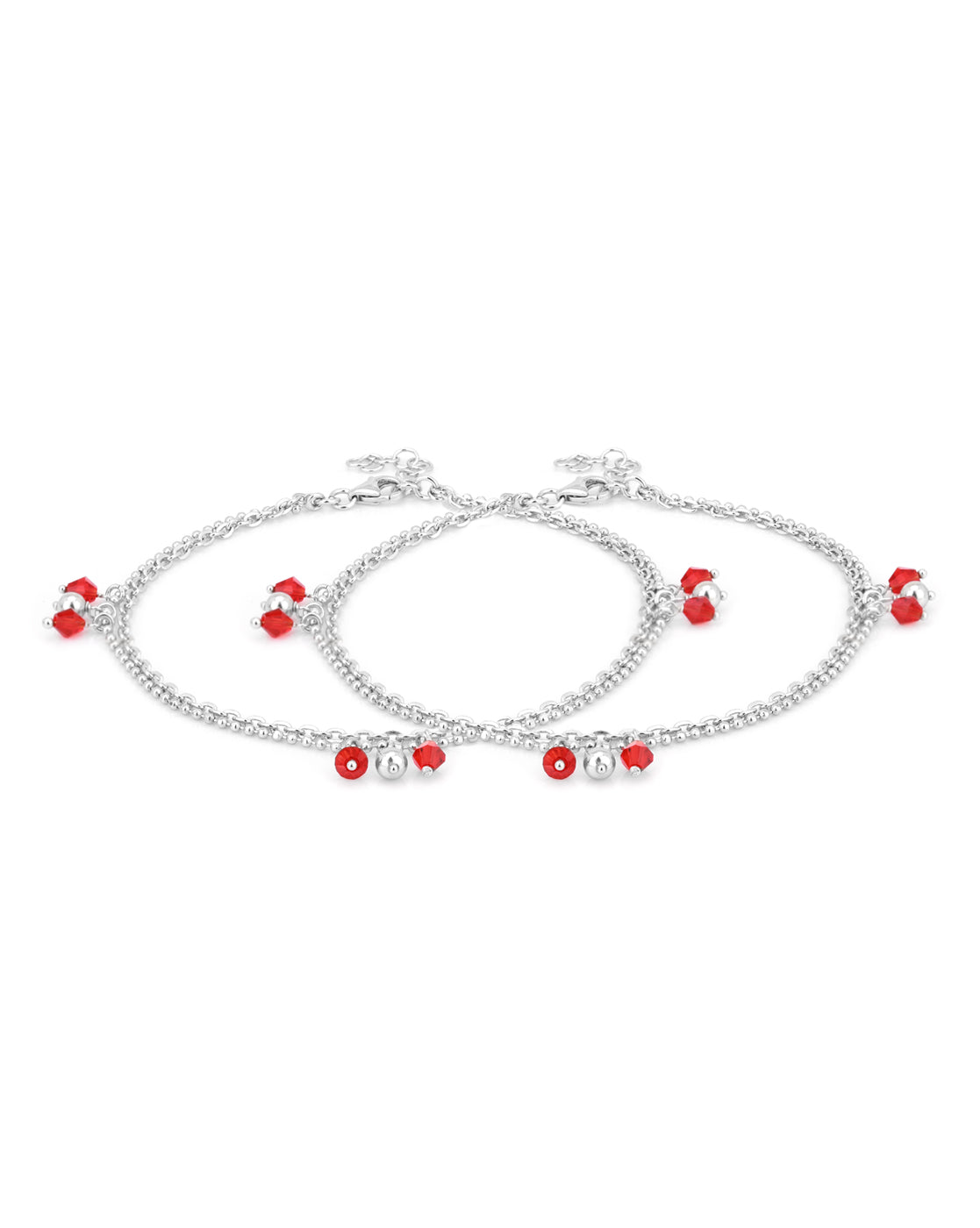 Carlton London -Set Of 2 Rhodium-Plated Silver Toned Red &amp; Silver Link Beaded Layered Anklets For Women