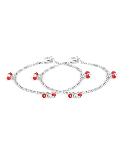 Carlton London -Set Of 2 Rhodium-Plated Silver Toned Red &amp; Silver Link Beaded Layered Anklets For Women