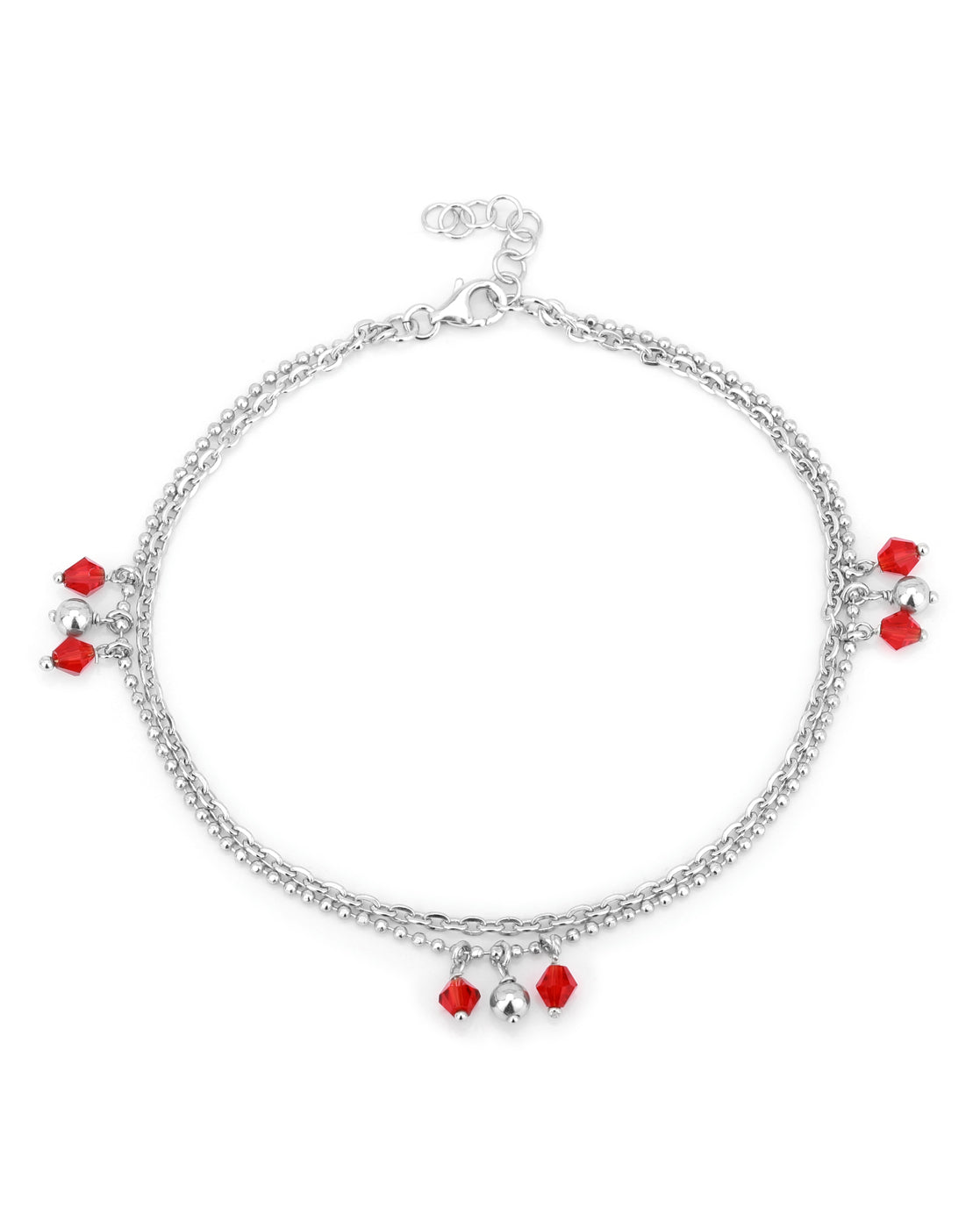 Carlton London -Set Of 2 Rhodium-Plated Silver Toned Red &amp; Silver Link Beaded Layered Anklets For Women