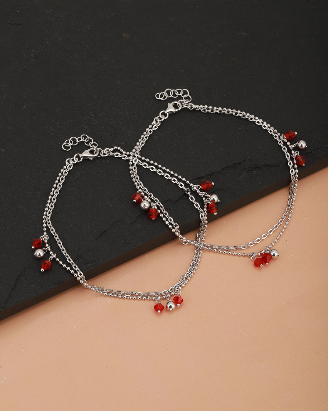 Carlton London -Set Of 2 Rhodium-Plated Silver Toned Red &amp; Silver Link Beaded Layered Anklets For Women