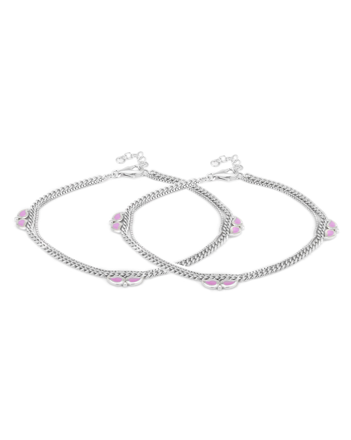 Carlton London -Set Of 2 Rhodium-Plated Silver Toned Dual Stranded Pink Enamel Anklets For Women