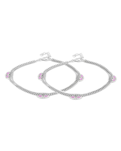 Carlton London -Set Of 2 Rhodium-Plated Silver Toned Dual Stranded Pink Enamel Anklets For Women