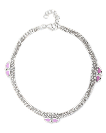 Carlton London -Set Of 2 Rhodium-Plated Silver Toned Dual Stranded Pink Enamel Anklets For Women