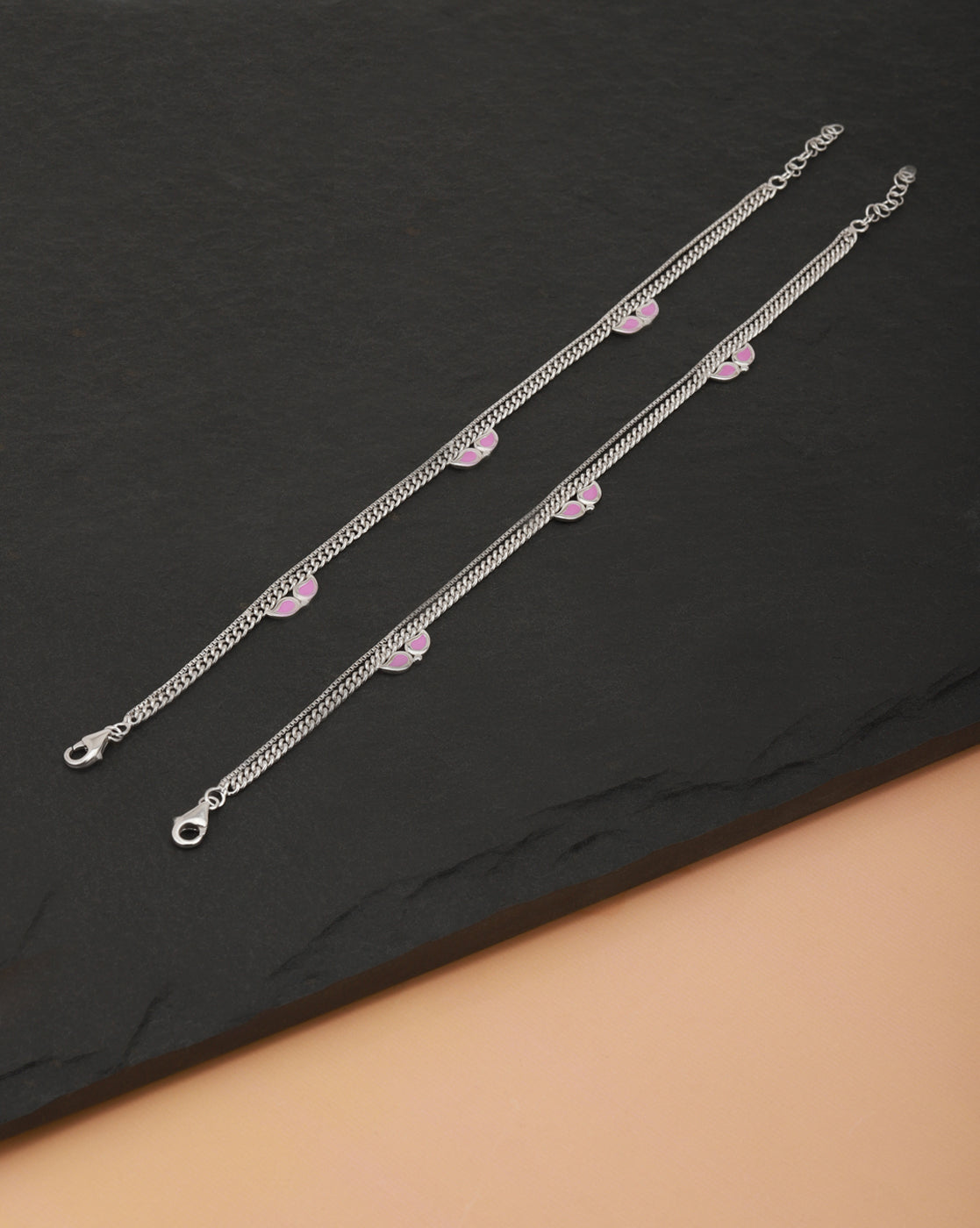 Carlton London -Set Of 2 Rhodium-Plated Silver Toned Dual Stranded Pink Enamel Anklets For Women