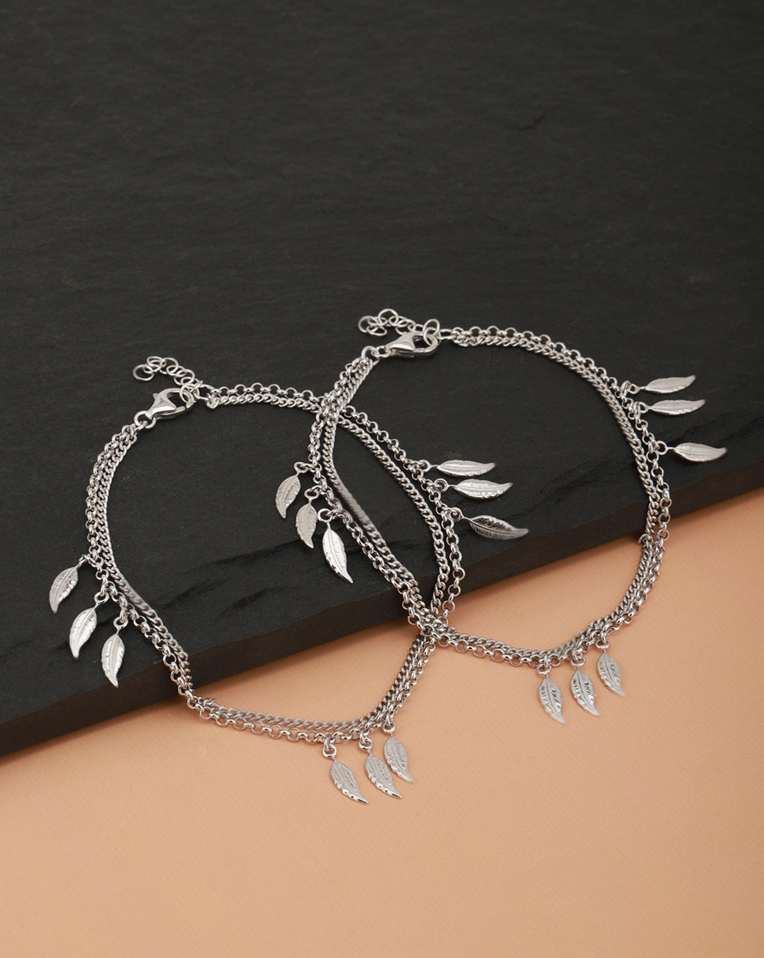 Carlton London -Set Of 2 Rhodium-Plated Silver Toned Leaf Shape Layered Anklets For Women