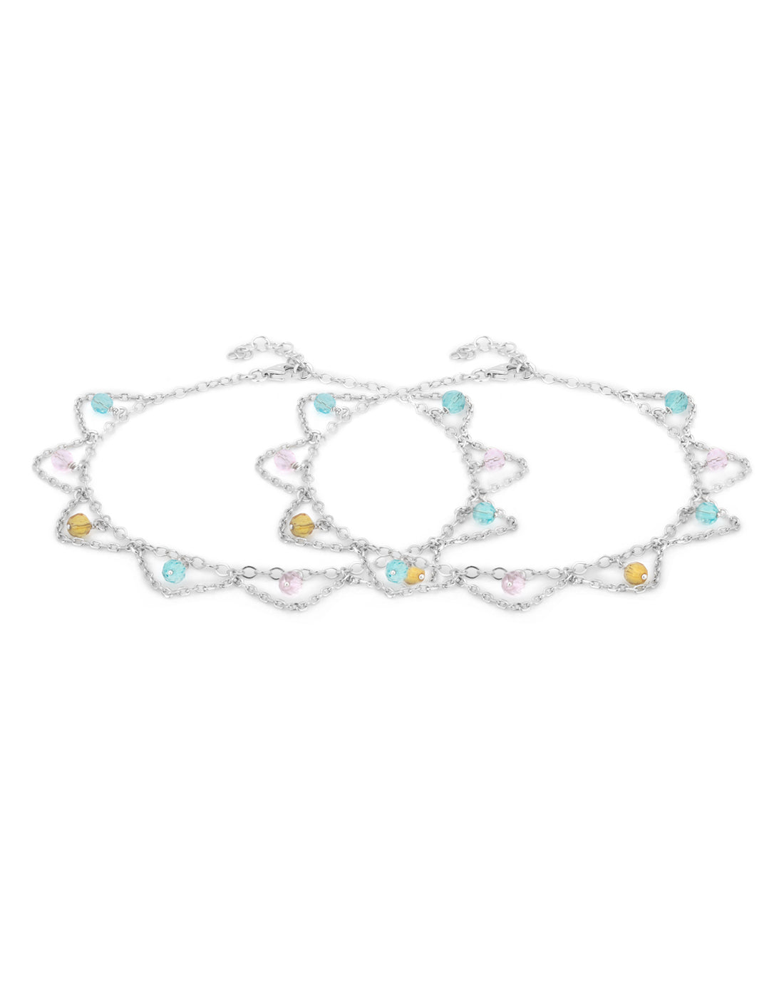 Carlton London -Set Of 2 Rhodium-Plated Silver Toned Multi Beaded Layered Anklets For Women