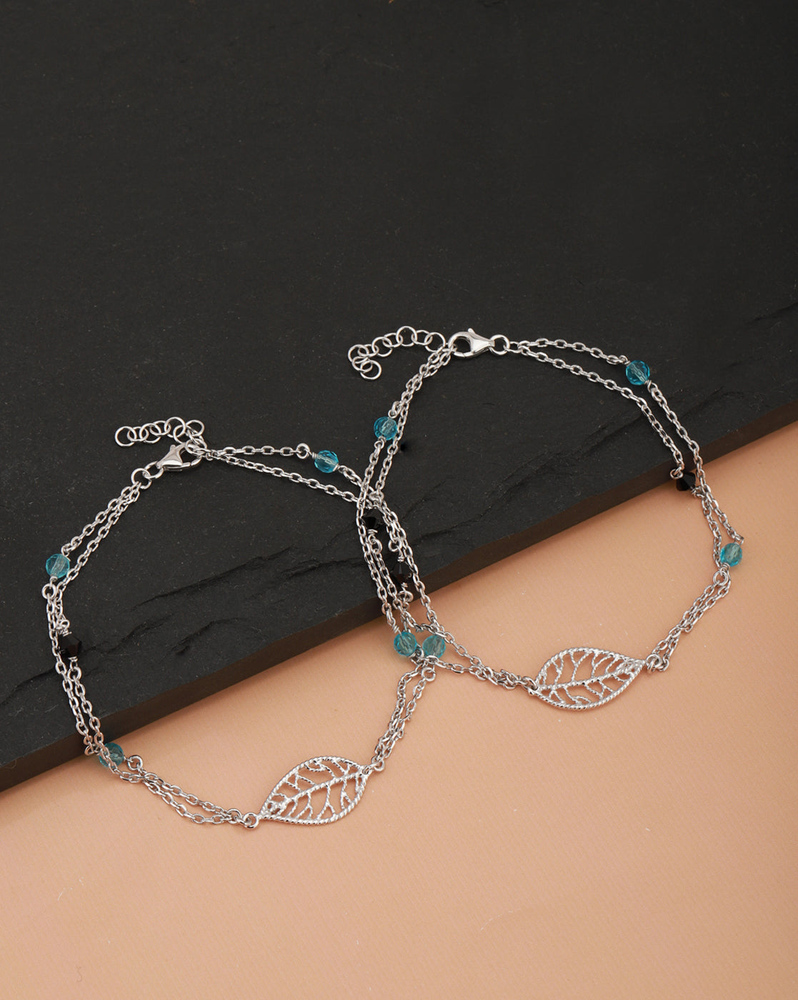 Carlton London -Set Of 2 Rhodium-Plated Silver Toned Black &amp; Blue Beaded Leaf Shape Layered Anklets For Women