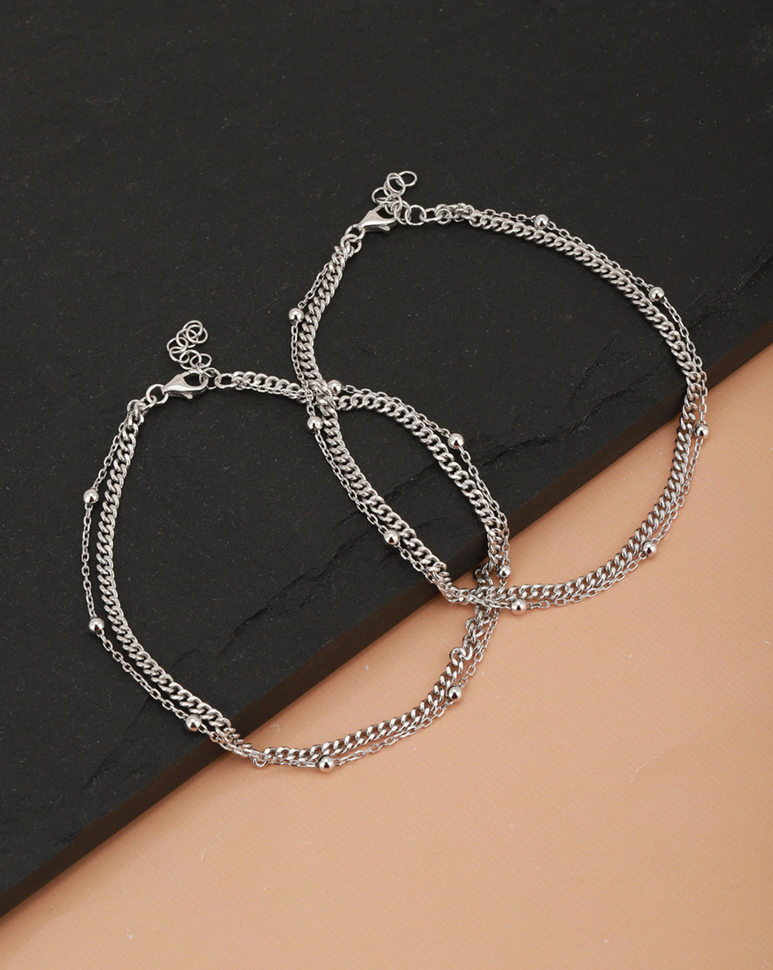 Carlton London -Set of 2 Rhodium-Plated Silver Toned Silver Beaded Layered Anklets For Women