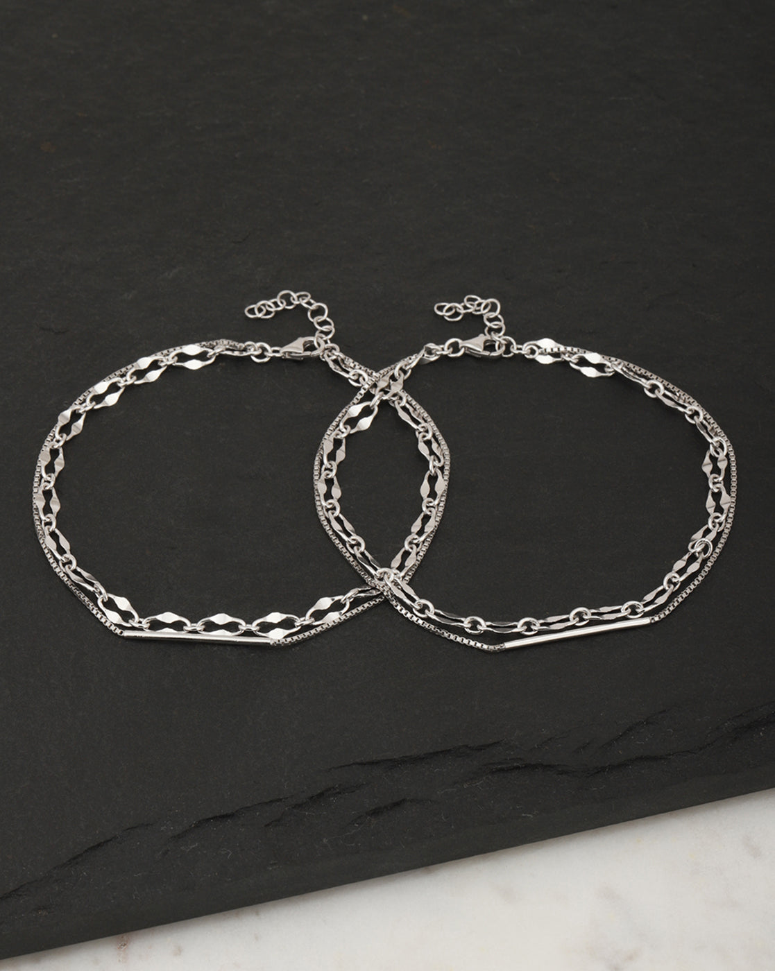 Carlton London -Set Of 2 Rhodium-Plated Silver Toned Layered Anklets For Women