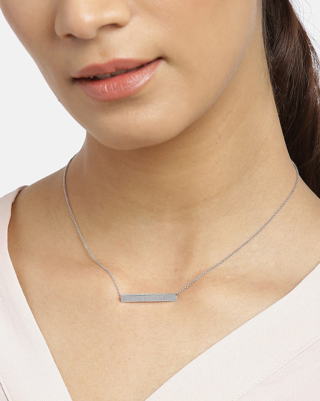 Carlton London Ingrave Text Inline Bar With Rhodium Plated Necklace