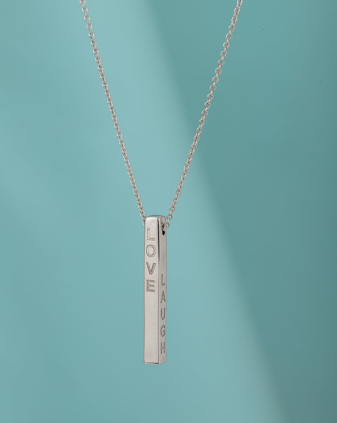 Carlton London Dangling Bar With Ingrave Text Pendant With Chain And Rhodium Plated