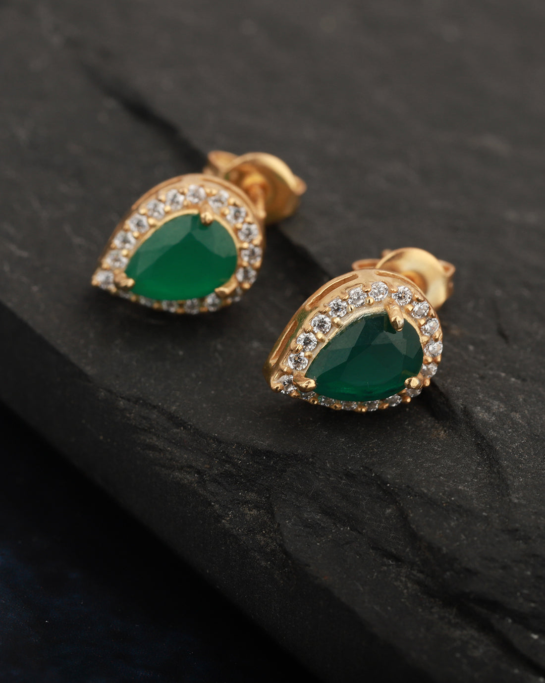 Carlton London Gold Plated Green Stone Teardrop Stud Earring For Women