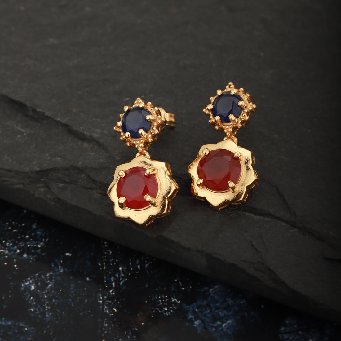 Carlton London Gold Plated Navy With Maroon Stone Floral Drop Earring For Women