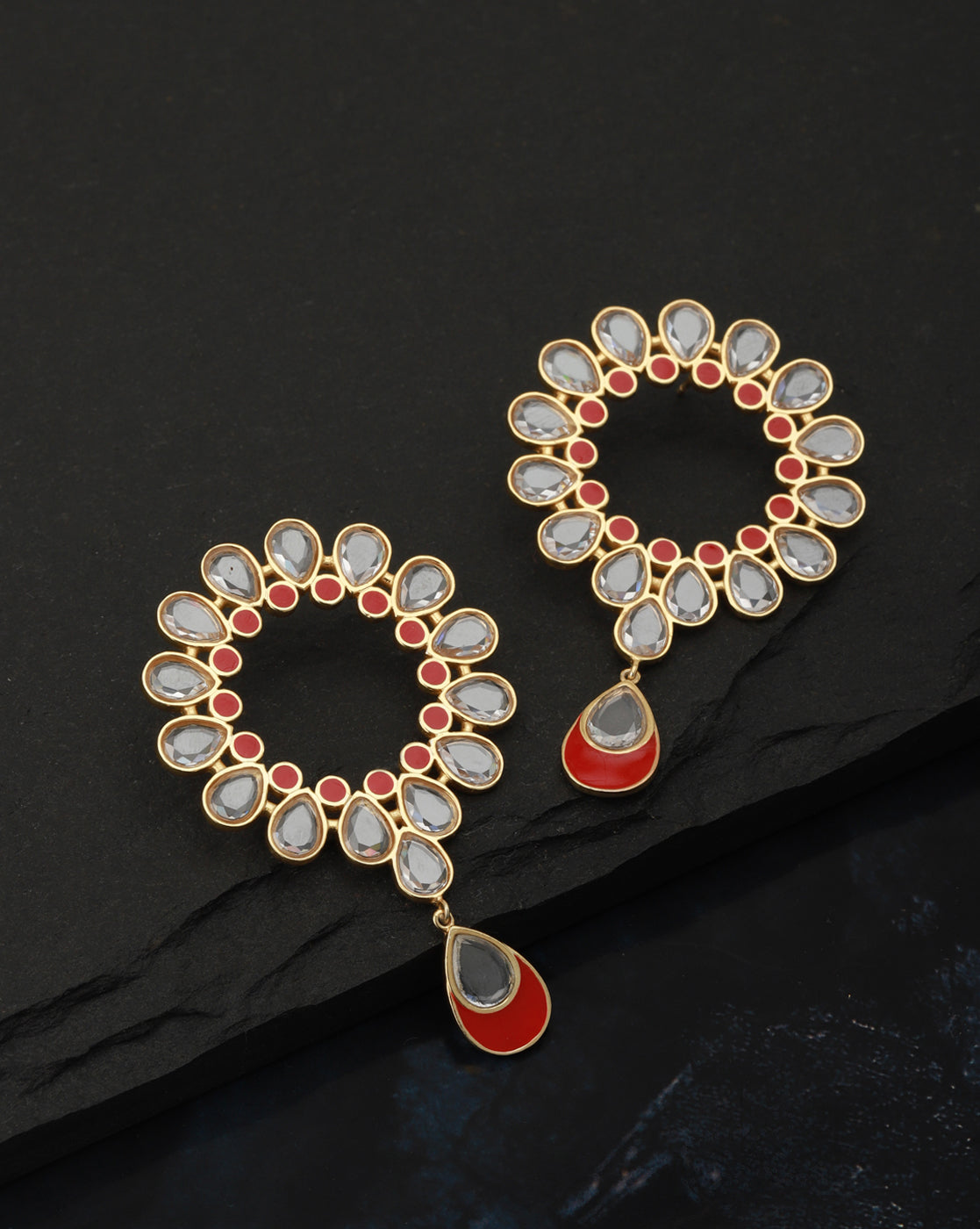 Carlton London Gold Plated Red Enamel Cz Circular Drop Earring For Women