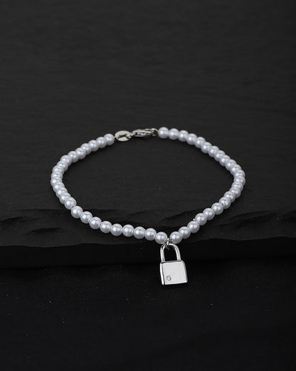 Carlton London Rhodium Plated With Pearl Charm Bracelet