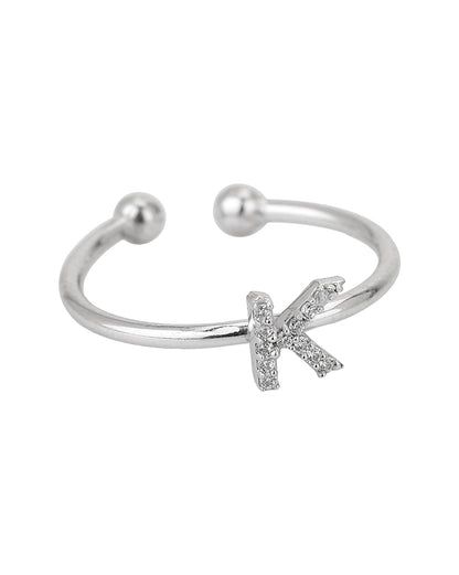 Carlton London Rhodium Plated Silver Toned &quot;K&quot; Shape Cz Studded Adjustable Finger Ring For Women