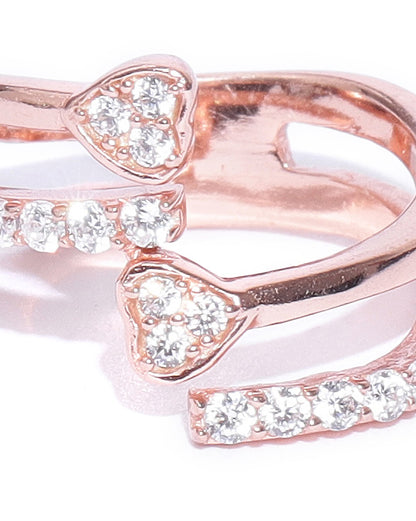 Carlton London Rose Gold Plated Cz Studded Adjustable Heart Contemporary Finger Ring For Women