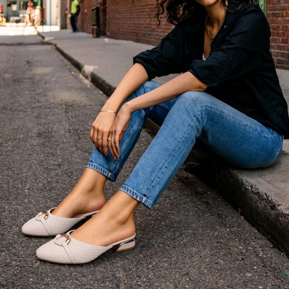 Elegant Textured Mules with Gold Buckle and Block Heel