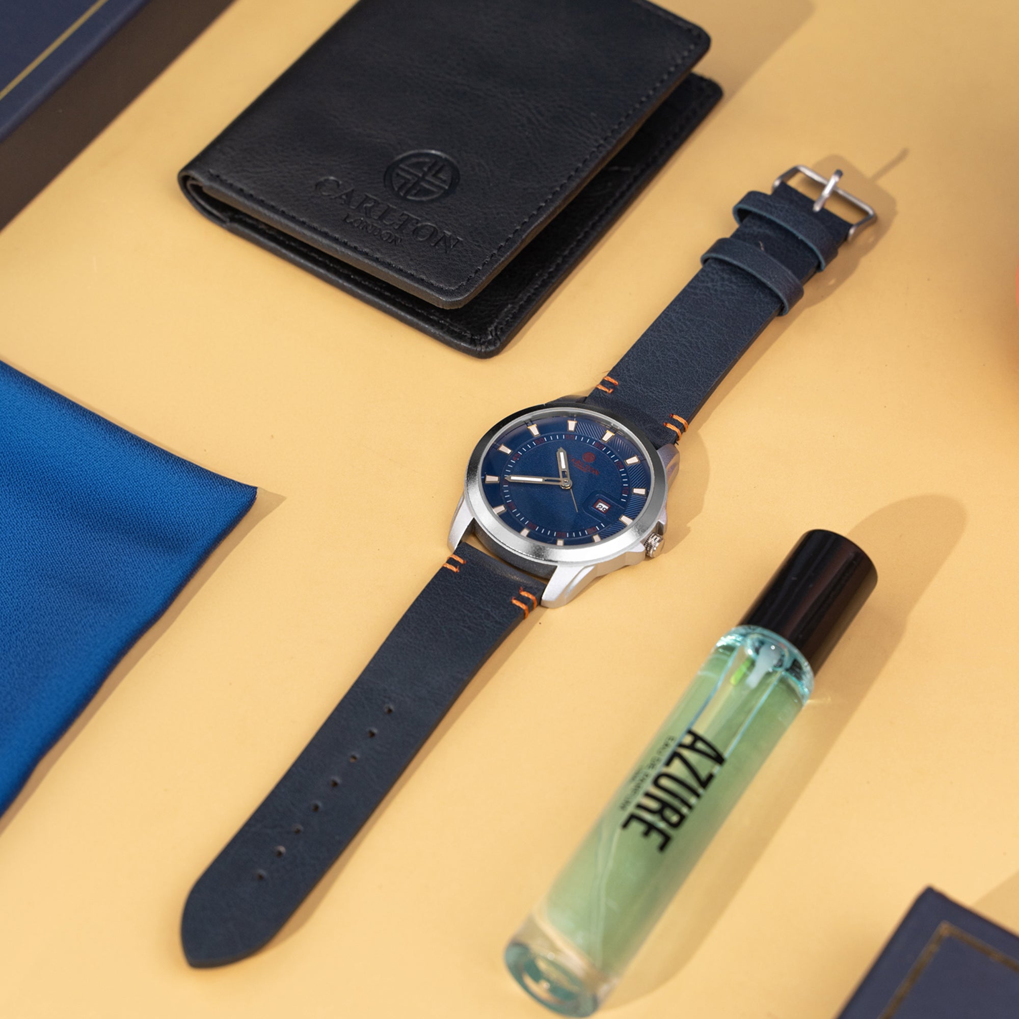 Men Gift Set of 3 Azure Perfume(15ml) Duke Blue Dial Watch + Card Holder CLPLG048