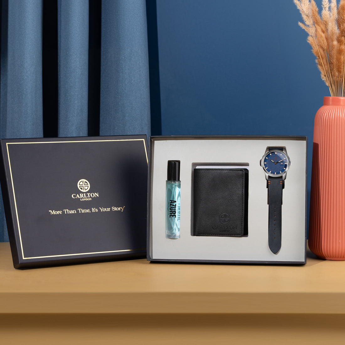 Men Gift Set of 3 Azure Perfume(15ml) Black Dial Watch + Card Holder CLPLG049