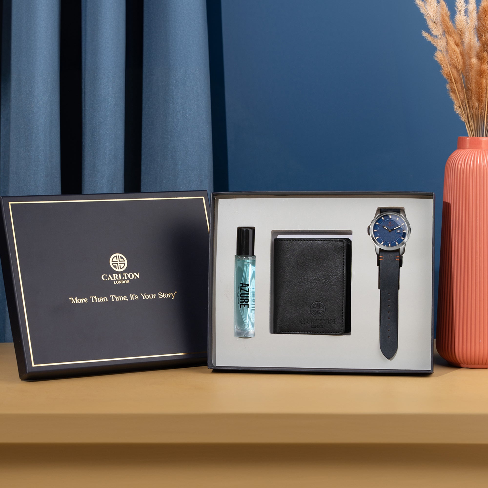 Men Gift Set of 3 Azure Perfume(15ml) Black Dial Watch + Card Holder CLPLG049