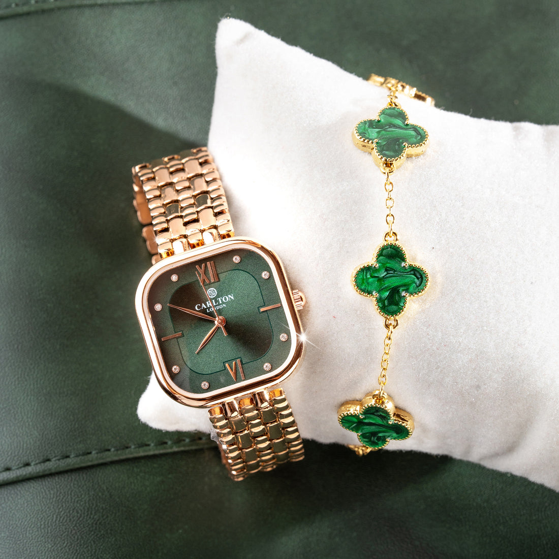 Women Gift Set Of 2: Rose Gold/Green Chelsea Watch + Bracelet CLPLG053