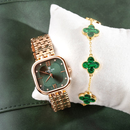 Women Gift Set Of 2: Rose Gold/Green Chelsea Watch + Bracelet CLPLG053