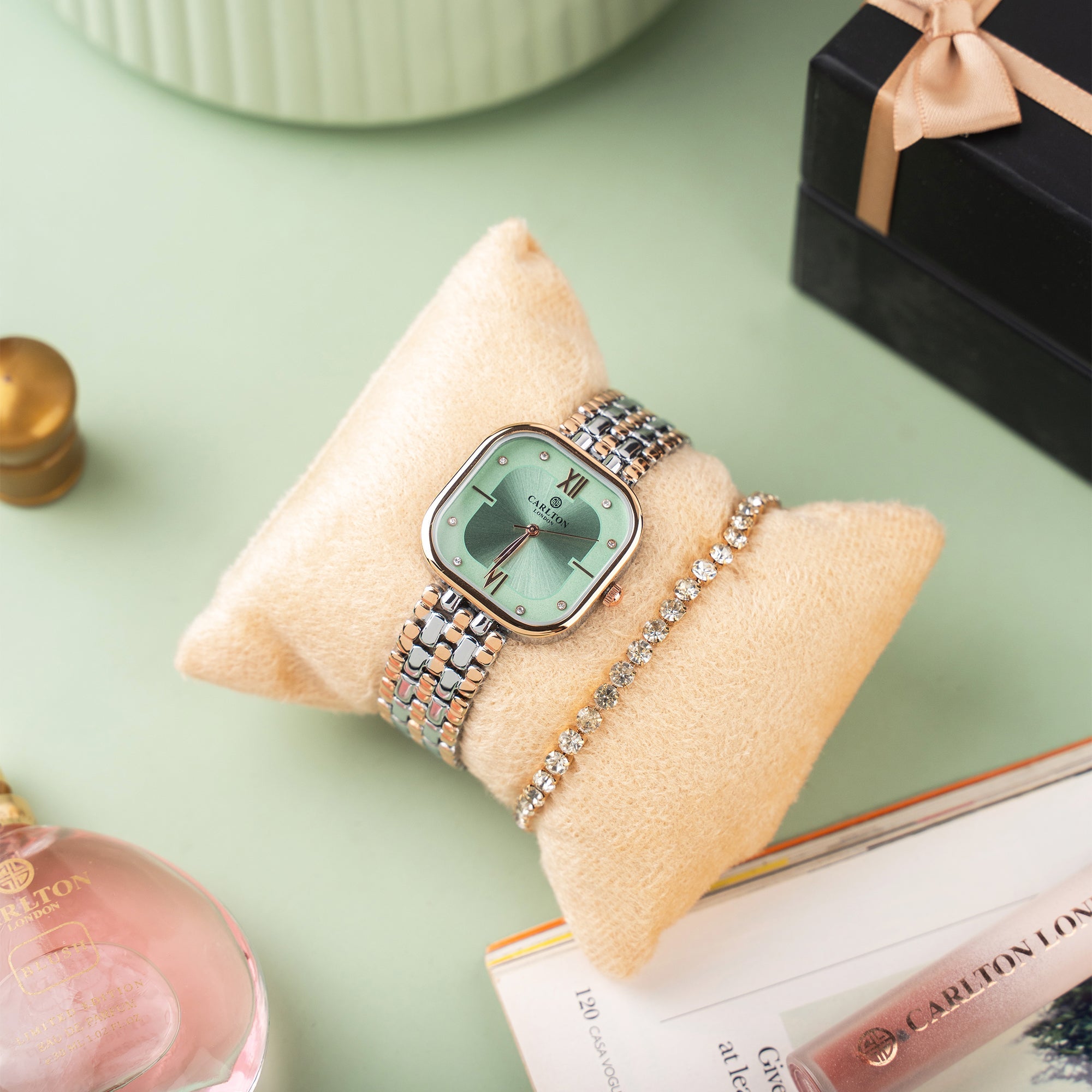 Women Gift Set 2 - Chelsea Mint Green Analog Watch + Tennis Bracelet - CLPLG107