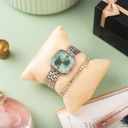 Women Gift Set 2 - Chelsea Mint Green Analog Watch + Tennis Bracelet - CLPLG107