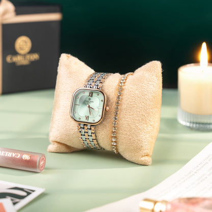 Women Gift Set 2 - Chelsea Mint Green Analog Watch + Tennis Bracelet - CLPLG107