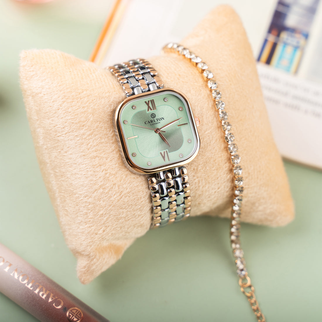 Women Gift Set 2 - Chelsea Mint Green Analog Watch + Tennis Bracelet - CLPLG107