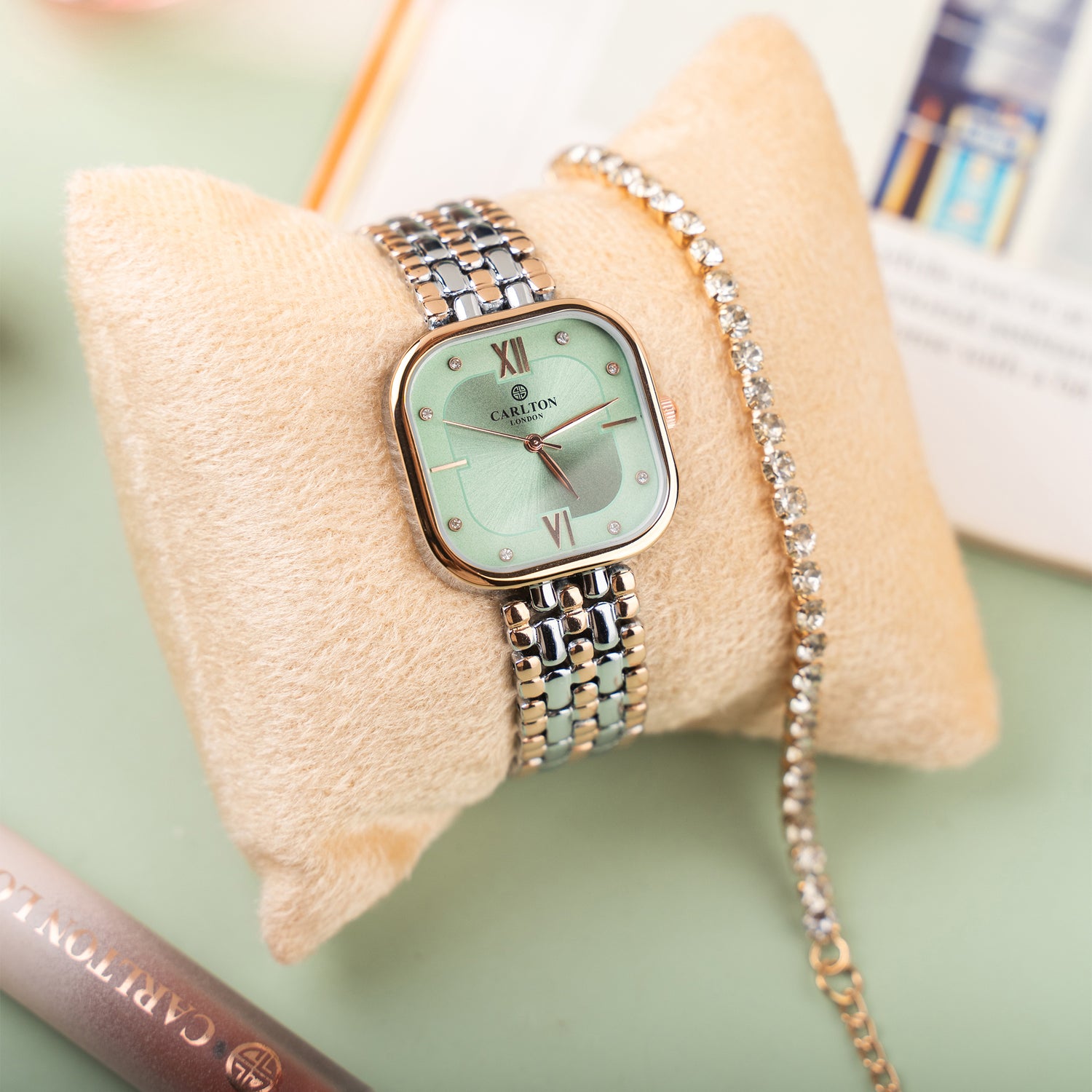 Women Gift Set 2 - Chelsea Mint Green Analog Watch + Tennis Bracelet - CLPLG107